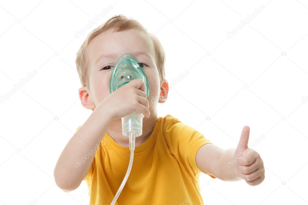 Caucasian child holding oxygen or inhaler mark isolated on white.