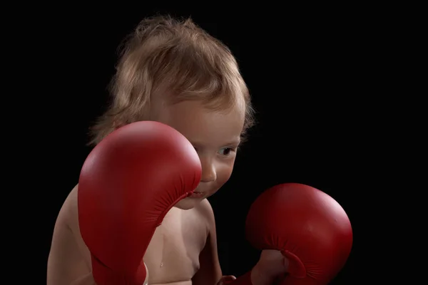 Niño pequeño que usa guantes, deportes, karate o boxeo, artes marciales —  Fotos de Stock