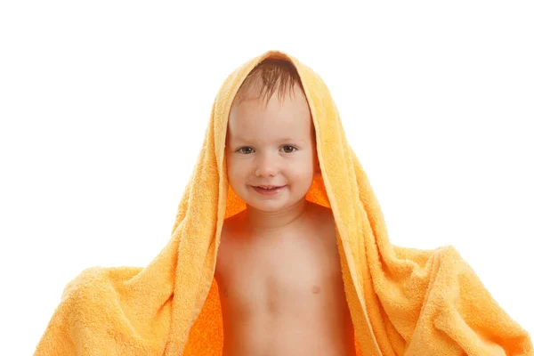 Happy child wearing yellow towel — Stock Photo, Image