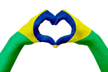 Eller bayrak Brezilya, bir kalp şekli. Ülke sembolü beyaz izole, kavramı.