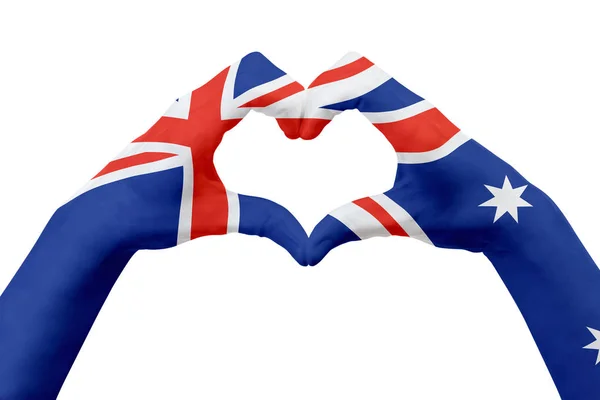 Manos bandera de Australia, forma un corazón. Concepto de símbolo del país, aislado en blanco . — Foto de Stock