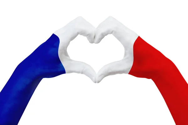 Rukou vlajka Francie, tvar srdce. Pojetí symbolu země, izolované na bílém. — Stock fotografie