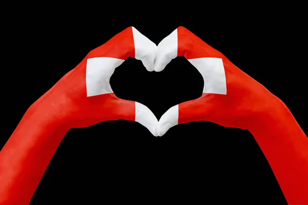 스위스의 손에 기를 심장 모양. 블랙에 고립 된 국가 상징의 개념. — 스톡 사진