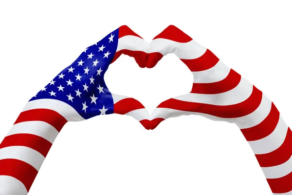 Vlag van de handen van de Verenigde Staten, de vorm van een hart. Concept van land symbool, geïsoleerd op wit. — Stockfoto