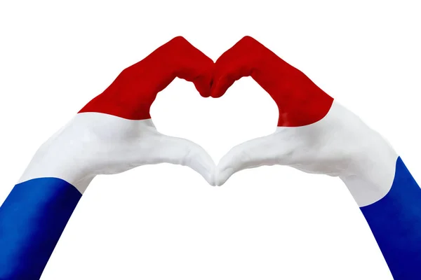 네덜란드의 손에 기를 심장 모양. 국가 상징, 흰색 절연의 개념. — 스톡 사진