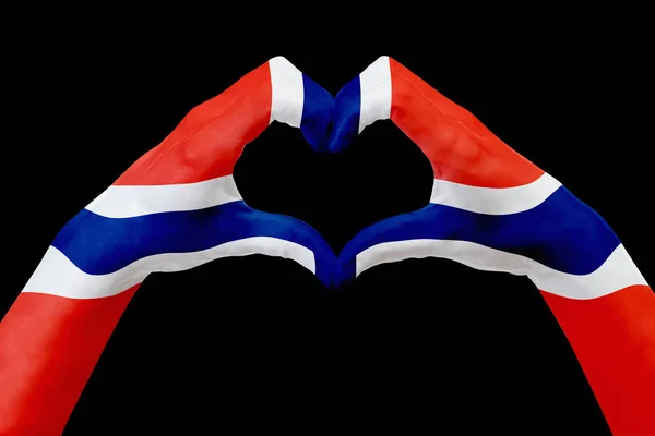 Bandera de las manos de Noruega, forma un corazón. Concepto de símbolo del país, aislado en negro . —  Fotos de Stock