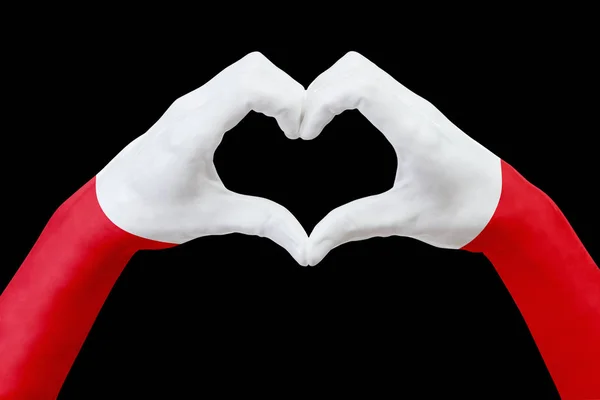 폴란드의 손에 기를 심장 모양. 블랙에 고립 된 국가 상징의 개념. — 스톡 사진