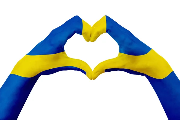 스웨덴의 손에 기를 심장 모양. 국가 상징, 흰색 절연의 개념. — 스톡 사진
