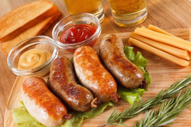 Oktoberfest traditional beer menu. Fried sausages with toast and mustard. clipart