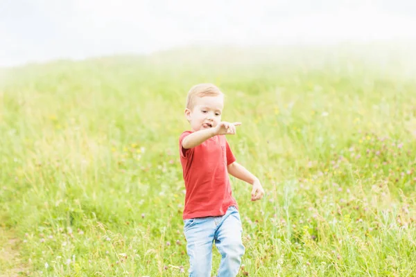 Kleine jongen die dwars over het veld op het gazon op een zomerdag — Stockfoto