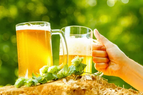 Oktoberfest fun cheers, beer mugs in hands — Stock Photo, Image