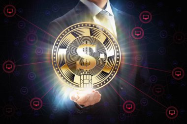 İşadamı bloğu zinciri ile kripto para birimi para iş ağ incelemesi konsept tasarımı el ısırdı