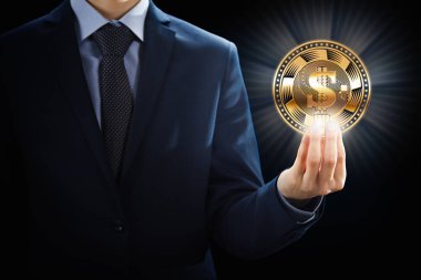 Cryptocurrency para iş madencilik konsept tasarımı biraz, zinciri el blok.