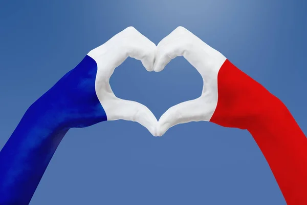 Hands flag of France, shape a heart. Concept of country symbol, on blue sky. — Stock Photo, Image