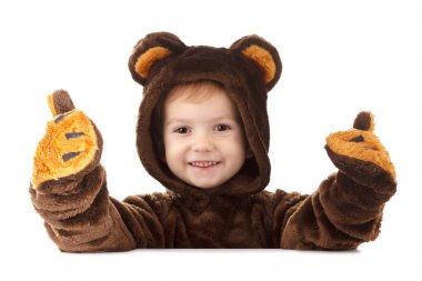 Bir Noel karnaval çocuk ayı beyaz izole kostüm