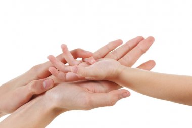 Kadın ve el ile birlikte oynayan bebek beyaz izole parmaklar, eğitim eğitim sayısı