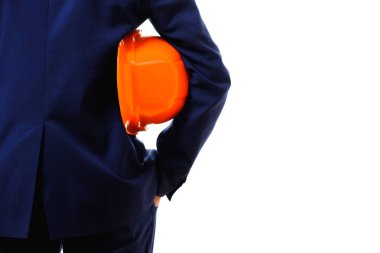 Kavramı, üzerinde beyaz izole inşaat kask ile işadamı Oluşturucu