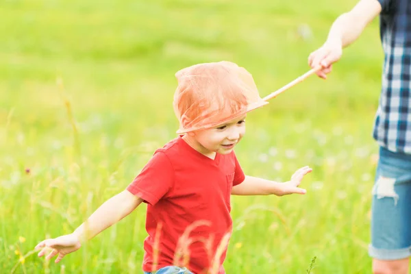 Adorable Caucasian kid playing with scoop-net on the meadow on warm and sunny summer or spring day. — Stock Photo, Image