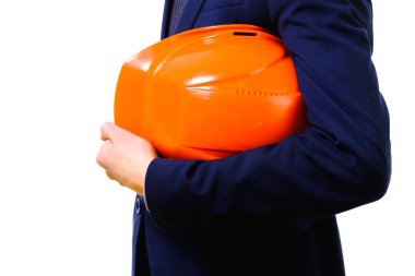 Kavramı, üzerinde beyaz izole inşaat kask ile işadamı Oluşturucu