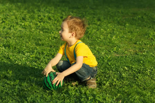 Schattige positieve jongen, gelukkig te spelen met de bal op groene weide — Stockfoto