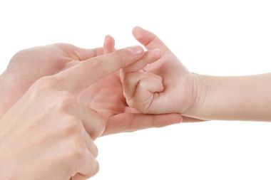 Kadın ve el ile birlikte oynayan bebek beyaz izole parmaklar, eğitim eğitim sayısı