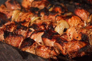 Fried sulu barbekü et yemek yemek bir şenlik ateşi üzerinde yangın bir ızgara