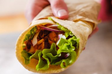 Meksikalı börek tavuk, biber ve fasulye ile elinde