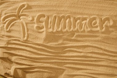 Yaz saati metin kum üzerinde. Kavramı okyanus plaj. Hurma ile.