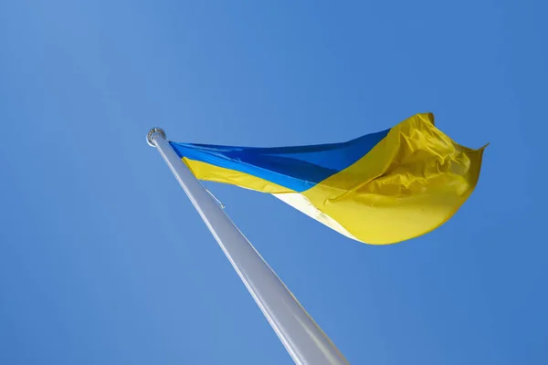 Ukrainian Flag Wind Background Blue Sky — Stock Photo, Image