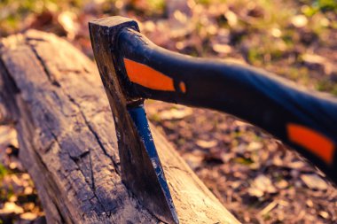 AX piknik bir Barbekü ateş için odun kuru ahşap günlüğünde sıkıştı