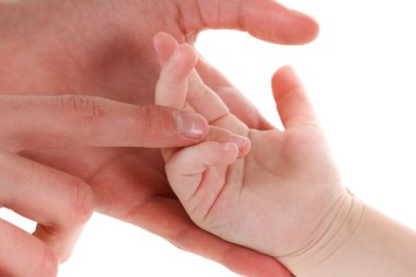 Bebek anne el parmak elinde. Anne ve çocuk. Mutlu hassasiyet aile kavramı. Güzel kavramsal annelik