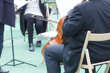 Viyolonsel çalar çellist genel bir park ücretsiz açık konserinde müzisyen çello çalıyor.