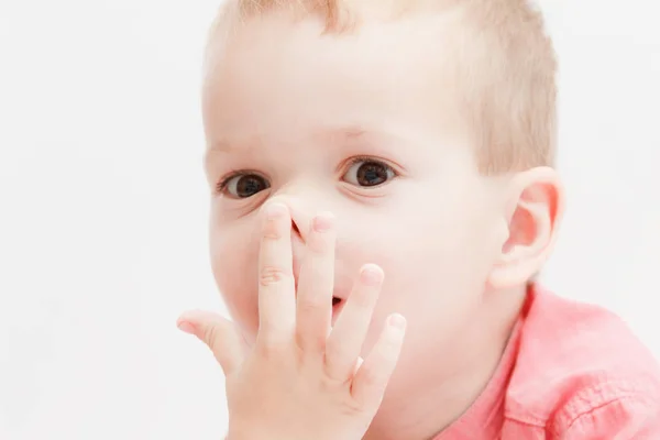Tender lips, nose and finger of a child wake up, closeup — Stock Photo, Image