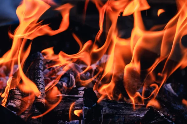 Carboni ardenti luminosi e boschi in fiamme nella fossa barbecue. Carbone ardente e fiammeggiante, barbecue, fuoco rosso e cenere . — Foto Stock