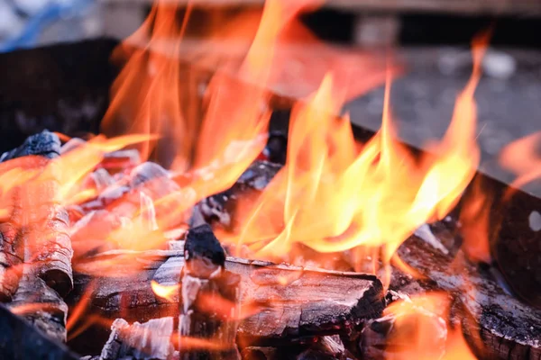 Bright hot coals and burning woods in bbq grill pit. Glowing and flaming charcoal, barbecue, red fire and ash.