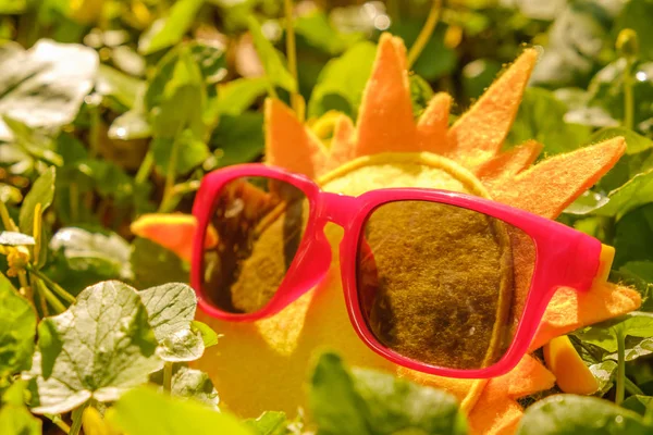 Playa viaje de verano y concepto de descanso. Gafas de sol en un sol de juguete . —  Fotos de Stock