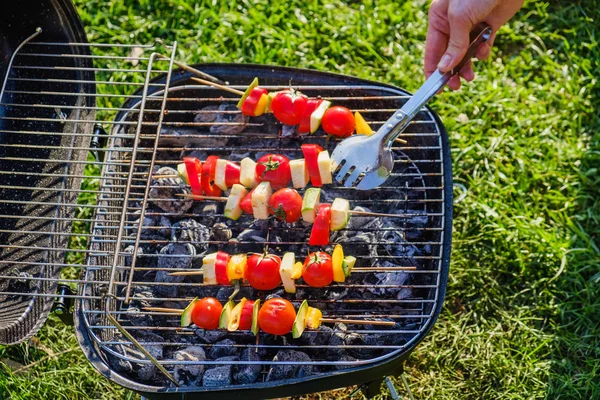 Grilovaný zeleninové špízy v bylinkové marinádě na pánev, rajče cuketa Cibule pepř pečená grilu — Stock fotografie