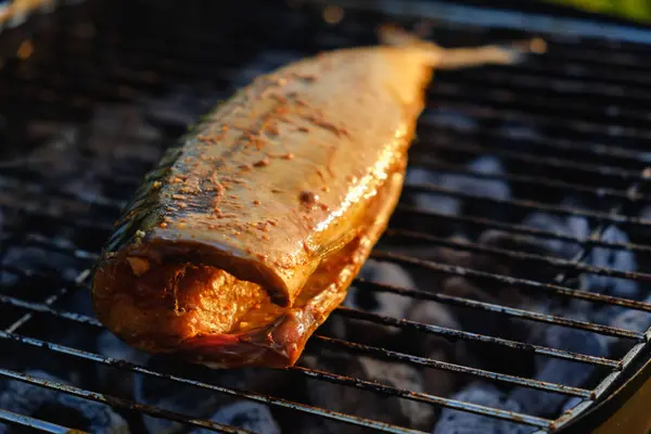 Pescado de caballa caliente en una sartén, con especias de hierbas en llamas — Foto de Stock