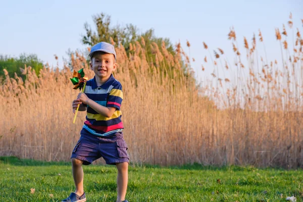 Jongen spelen met windmolen in groene gras van het strand op zomer vakantie concept voor vrijheid — Stockfoto