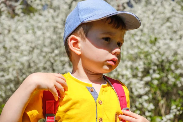 Gelukkige jongen portret op zomervakantie. Outdoor-activiteiten, toerisme. — Stockfoto