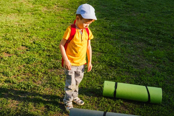 Lindo chico jugando en verano hierba verde con alfombra en el parque — Foto de Stock