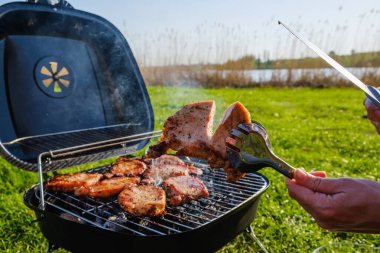 Yaz doğa ızgarası bbq eti, bahçe çimenliği.