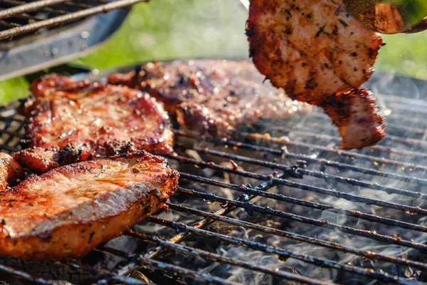 Nyári természet grill bbq hús, party gyep. — Stock Fotó
