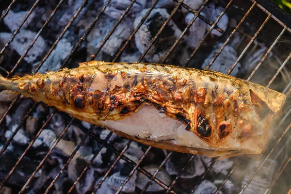 Grill ryby ogień makrela żywności, posiłek z grilla. — Zdjęcie stockowe