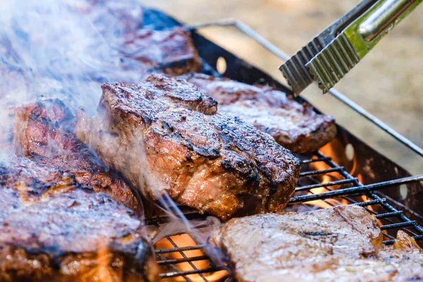 Verano naturaleza parrilla barbacoa carne, jardín de cerdo . — Foto de Stock