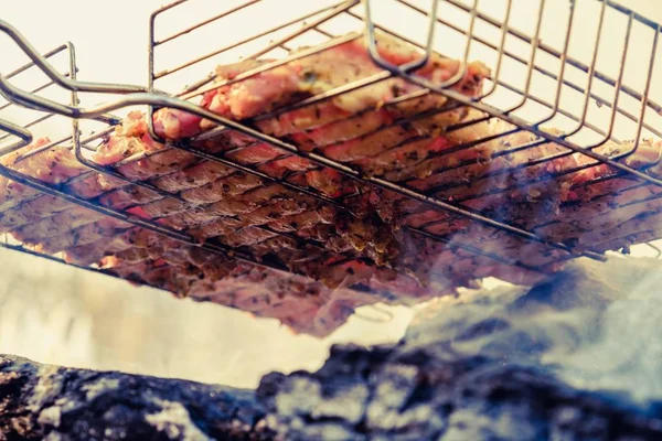 Verão natureza churrasqueira bbq carne, conceito de jardim . — Fotografia de Stock