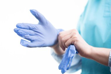 Tıbbi koruma doktoru Coronavirus covid-19 konsept eldiven, virüs.