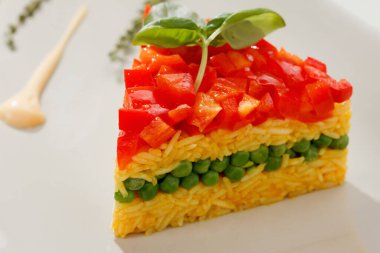 Vejetaryen yemeği, sebzeli pirinç salatası, sağlıklı beslenme.