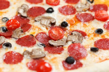 Makro manzaralı mozzarella, salam, mantar ve domates soslu taze pizza.