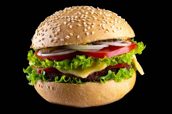 Burger Mot Svart Bakgrund Och Smörgås Hamburgare Med Nötkött Och — Stockfoto